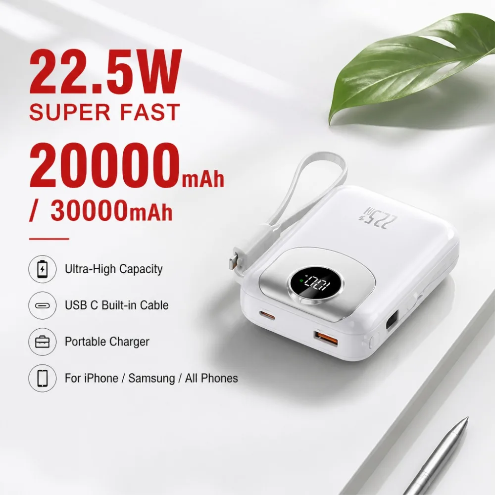 20000mAh 30000mAh Power Bank 22.5W Fast Charging USB C Built-in Cable Portable Charger External Battery Pack for iPhone Samsung
20000mAh 30000mAh Power Bank 22.5W Fast Charging USB C Built-in Cable Portable Charger External Battery Pack for iPhone Samsung