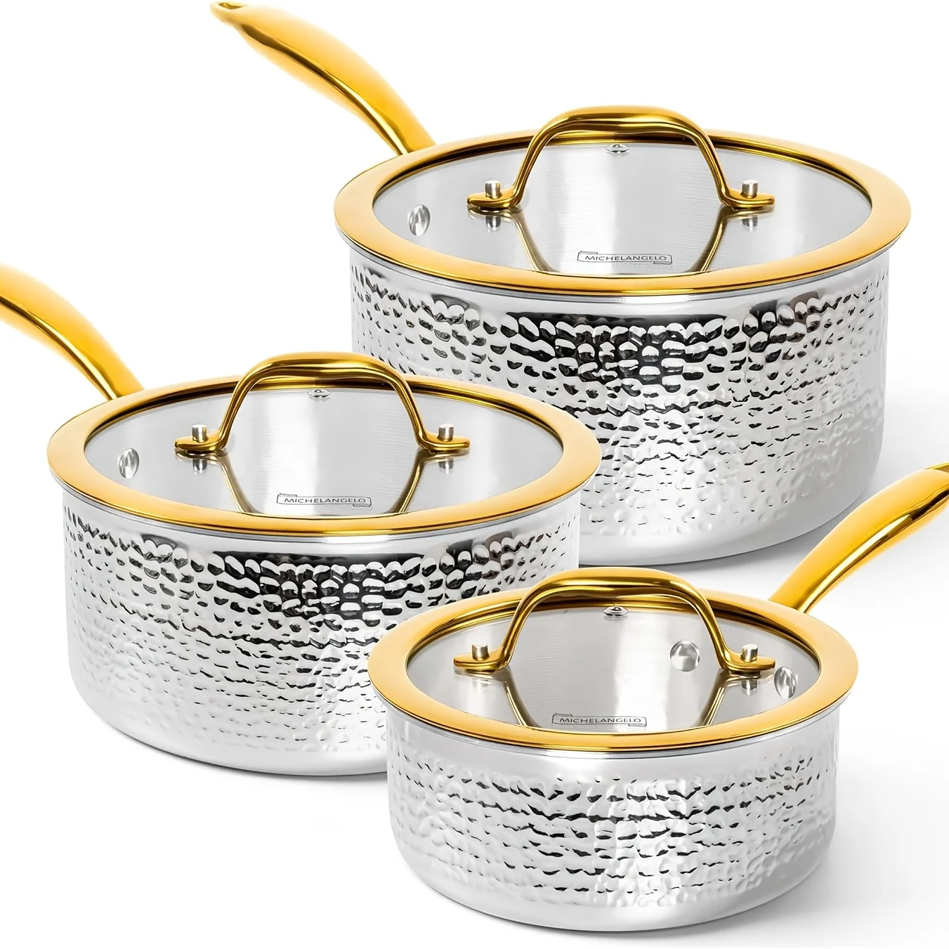 Triply Stainless Steel Saucepan Set, Luxury Hammered Stainless Steel Sauce Pans with Golden Handle, Premium Sauce Pot Set
Triply Stainless Steel Saucepan Set, Luxury Hammered Stainless Steel Sauce Pans with Golden Handle, Premium Sauce Pot Set