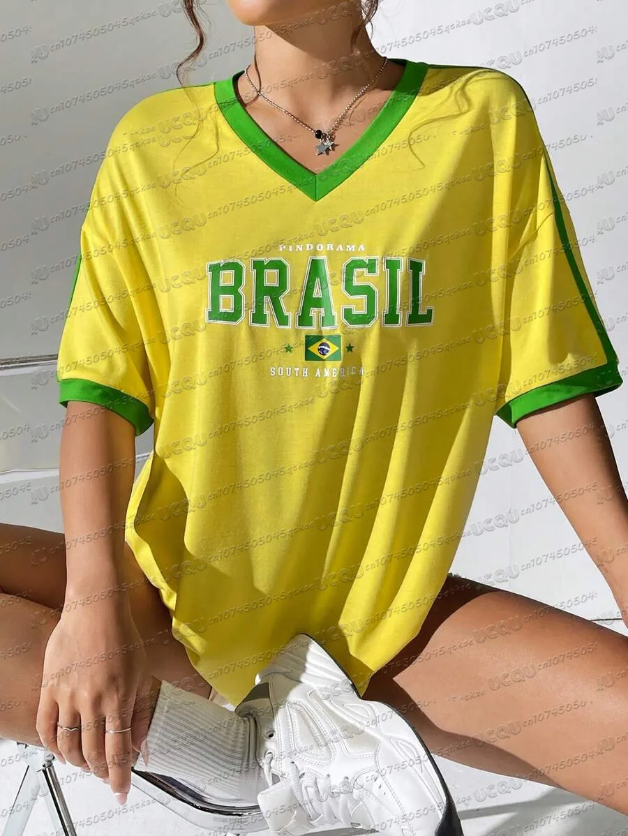 Summer Women'S Bright Yellow Football Jersey T-Shirt With Brazilian Letter Print V-Neck Short Sleeved Loose Casual Sports Top
Summer Women'S Bright Yellow Football Jersey T-Shirt With Brazilian Letter Print V-Neck Short Sleeved Loose Casual Sports Top