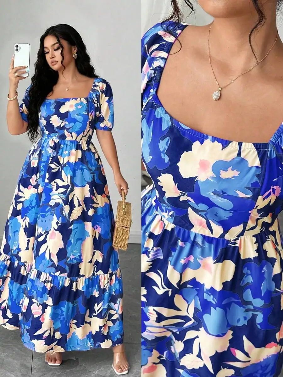 Vintage-Inspired Plus Size Square Neck Floral Maxi Dress With Ruched Waist And Tiered Skirt For Summer Resort Wear
Vintage-Inspired Plus Size Square Neck Floral Maxi Dress With Ruched Waist And Tiered Skirt For Summer Resort Wear