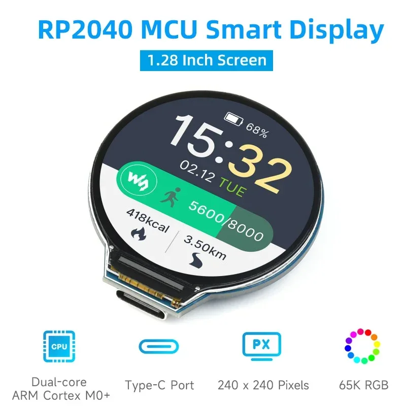 Плата RP2040 MCU с круглым ЖК-дисплеем 1,28 дюйма, 65K, RGB-основа на Raspberry Pi RP2040, порт USB C, акселерометр, гироскоп, датчик
Плата RP2040 MCU с круглым ЖК-дисплеем 1,28 дюйма, 65K, RGB-основа на Raspberry Pi RP2040, порт USB C, акселерометр, гироскоп, датчик