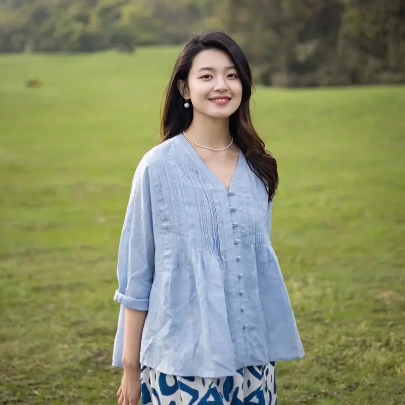 Women's Linen Cotton V Neck 3/4 Sleeve Blouse Casual Pleated Loose Button Down Shirt
Women's Linen Cotton V Neck 3/4 Sleeve Blouse Casual Pleated Loose Button Down Shirt