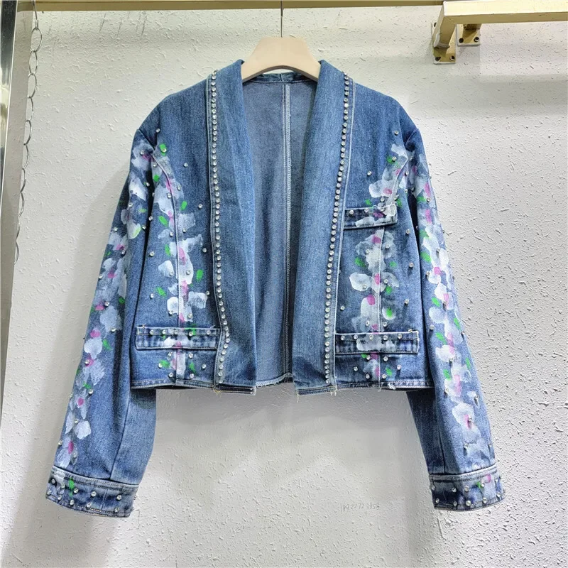 Hand-painted Flower Printing Beaded Diamonds Blue Jeans Jacket Women Short Cardigan Casual Lapel Long Sleeve Denim Jacket Coat
Hand-painted Flower Printing Beaded Diamonds Blue Jeans Jacket Women Short Cardigan Casual Lapel Long Sleeve Denim Jacket Coat