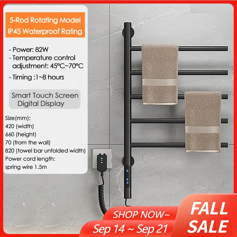 Умная вешалка для полотенец с электрическим подогревом 180° ° Вращающаяся настенная сушилка для ванной комнаты 45-70 ℃ Регулируемая температура 1-8 часов с сенсорным управлением 
Умная вешалка для полотенец с электрическим подогревом 180° ° Вращающаяся настенная сушилка для ванной комнаты 45-70 ℃ Регулируемая температура 1-8 часов с сенсорным управлением