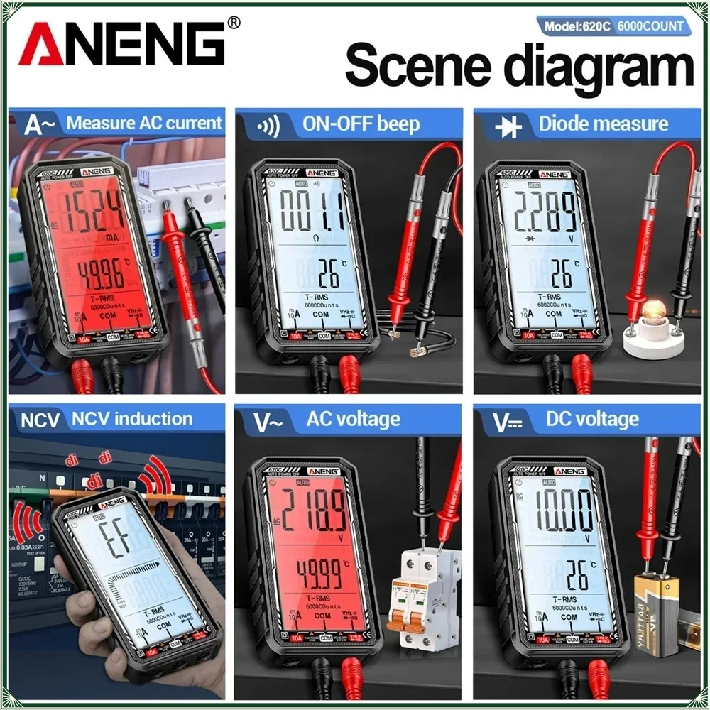 ANENG 620C Digital Multimeter 6000 Counts AC DC Voltage Current Voltmeter Resistance Hz Diode Capacitor Tester Portable HandTool
ANENG 620C Digital Multimeter 6000 Counts AC DC Voltage Current Voltmeter Resistance Hz Diode Capacitor Tester Portable HandTool