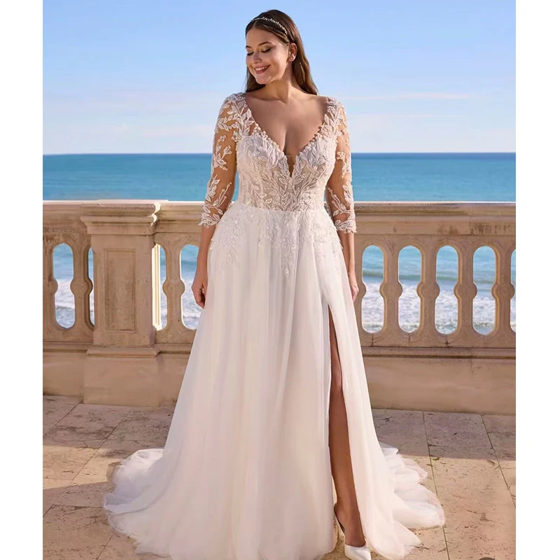 Plus Size Wedding Dress Organza With Embroidery Lace Slit A Line Floor Length Ball Gown V-Neck Long Sleeve Bridedress Customized
Plus Size Wedding Dress Organza With Embroidery Lace Slit A Line Floor Length Ball Gown V-Neck Long Sleeve Bridedress Customized