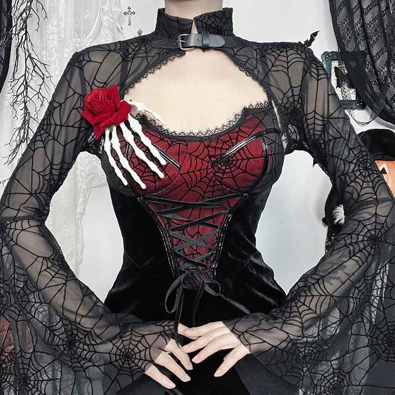 Темная сетка в стиле Лолиты, топ, женская готическая кружевная прозрачная блузка с расклешенными рукавами Y2K, каваи, многослойная деталь Harajuku
Темная сетка в стиле Лолиты, топ, женская готическая кружевная прозрачная блузка с расклешенными рукавами Y2K, каваи, многослойная деталь Harajuku