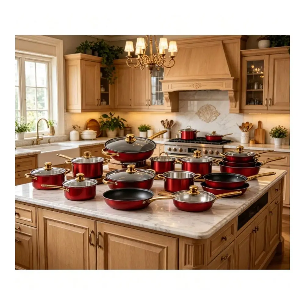 Steel Cookware Set With Nonstick Surface And Gold Handles Kitchen Pots And Pans For Frying Baking And Cooking Vibrant Wine Red
Steel Cookware Set With Nonstick Surface And Gold Handles Kitchen Pots And Pans For Frying Baking And Cooking Vibrant Wine Red