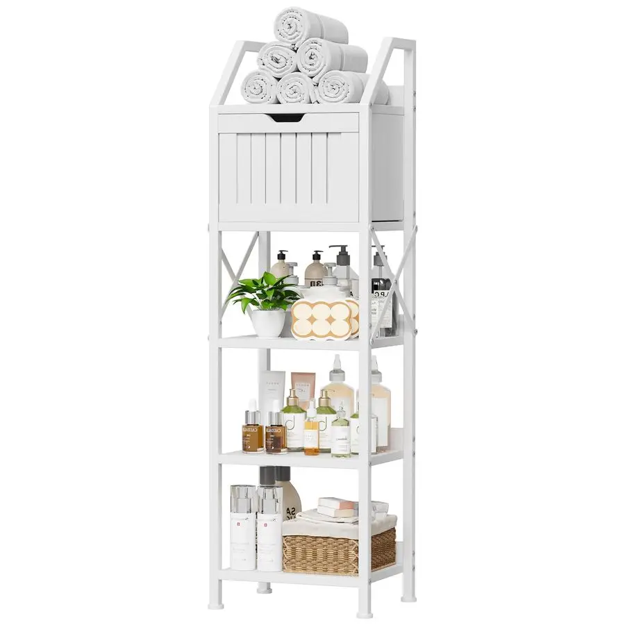 Floor Cabinet, 5Tier Bathroom Storage Organizer Rack with Drawer, Multifunctional Corner Unit, 47.24 Inches in Height, White
Floor Cabinet, 5Tier Bathroom Storage Organizer Rack with Drawer, Multifunctional Corner Unit, 47.24 Inches in Height, White