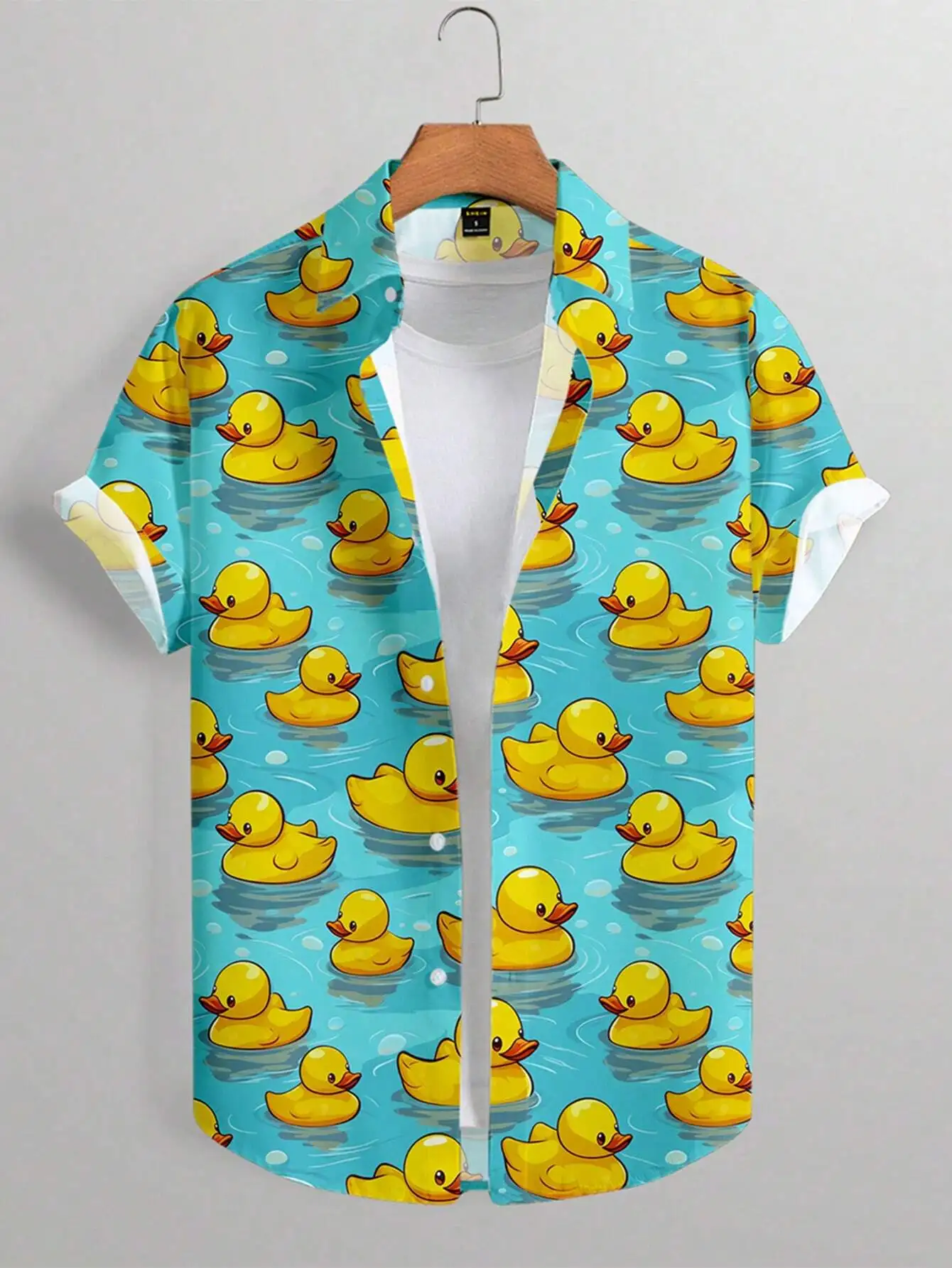 Men's Short Sleeve Button-Up Shirt with Yellow Duck Print on Blue Water Background
Men's Short Sleeve Button-Up Shirt with Yellow Duck Print on Blue Water Background