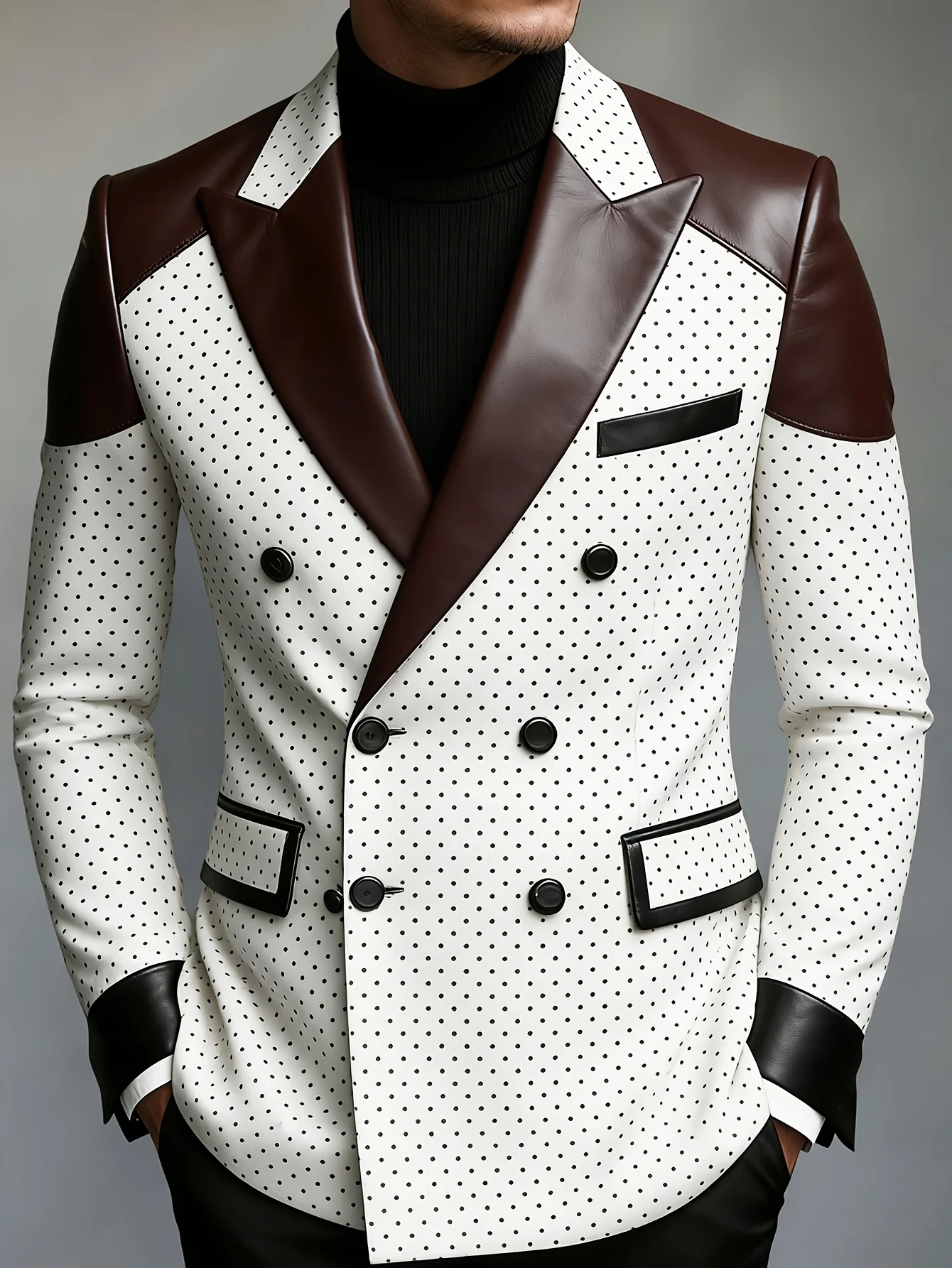 Men White Polka Dot Double Breasted Blazer Dark Brown Faux Leather Lapel Shoulder Spliced Slim Fit Wedding Party Groom Formal Tu
Men White Polka Dot Double Breasted Blazer Dark Brown Faux Leather Lapel Shoulder Spliced Slim Fit Wedding Party Groom Formal Tu