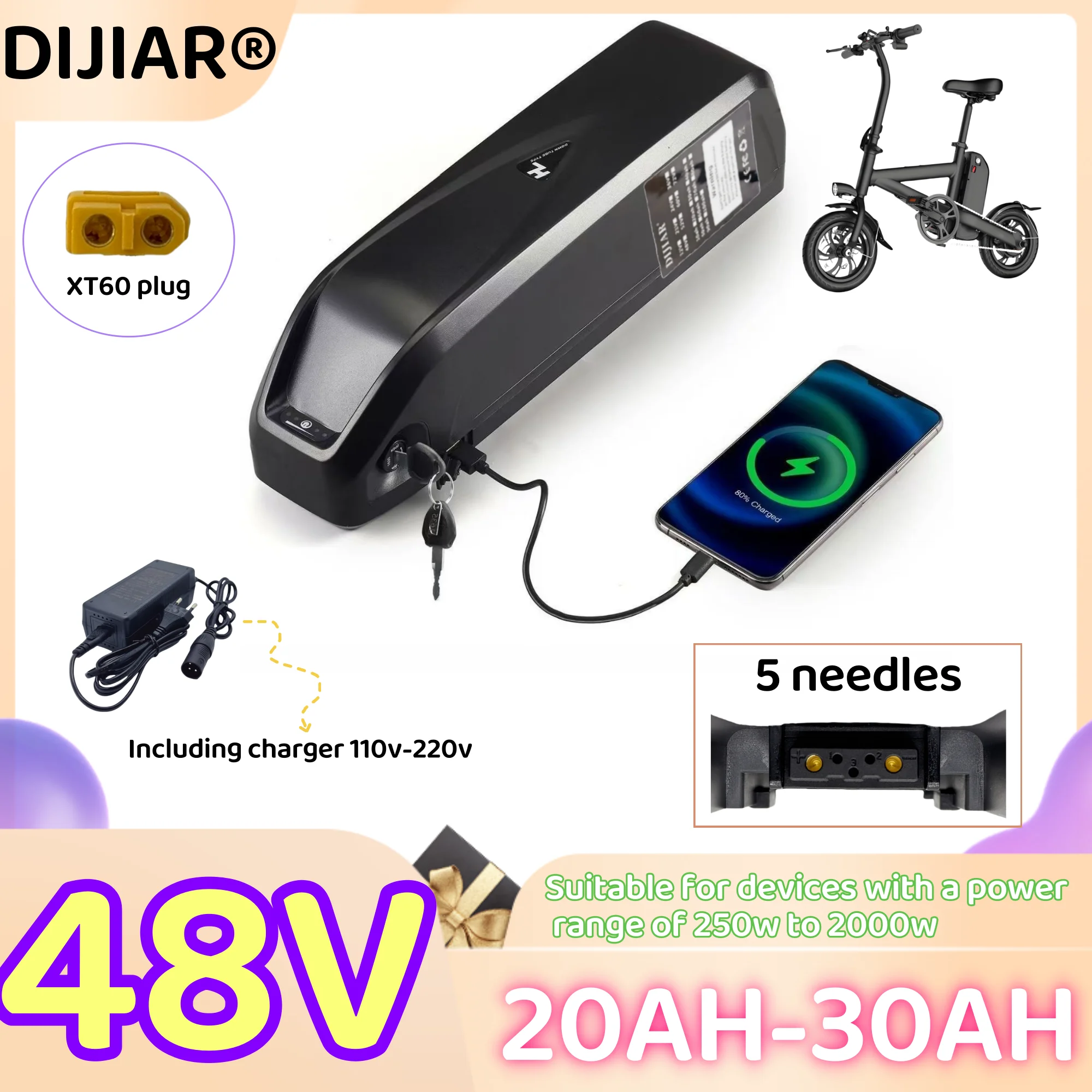 New DIJIAR 5-pin Hailong battery 48V20AH-30AH 18650 cell lithium battery pack, suitable for mountain bikes and electric scooters 
New DIJIAR 5-pin Hailong battery 48V20AH-30AH 18650 cell lithium battery pack, suitable for mountain bikes and electric scooters