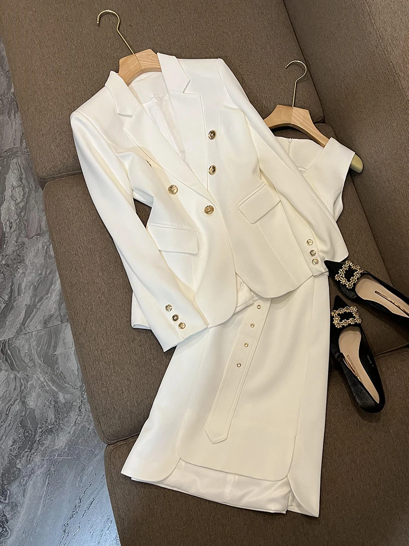 Women Elegant Fashion White Suit Blazer Jacket Coat Top And Sleeveless Dress Two Piece Set Casual Outfit Ladies Party Clothing
Women Elegant Fashion White Suit Blazer Jacket Coat Top And Sleeveless Dress Two Piece Set Casual Outfit Ladies Party Clothing