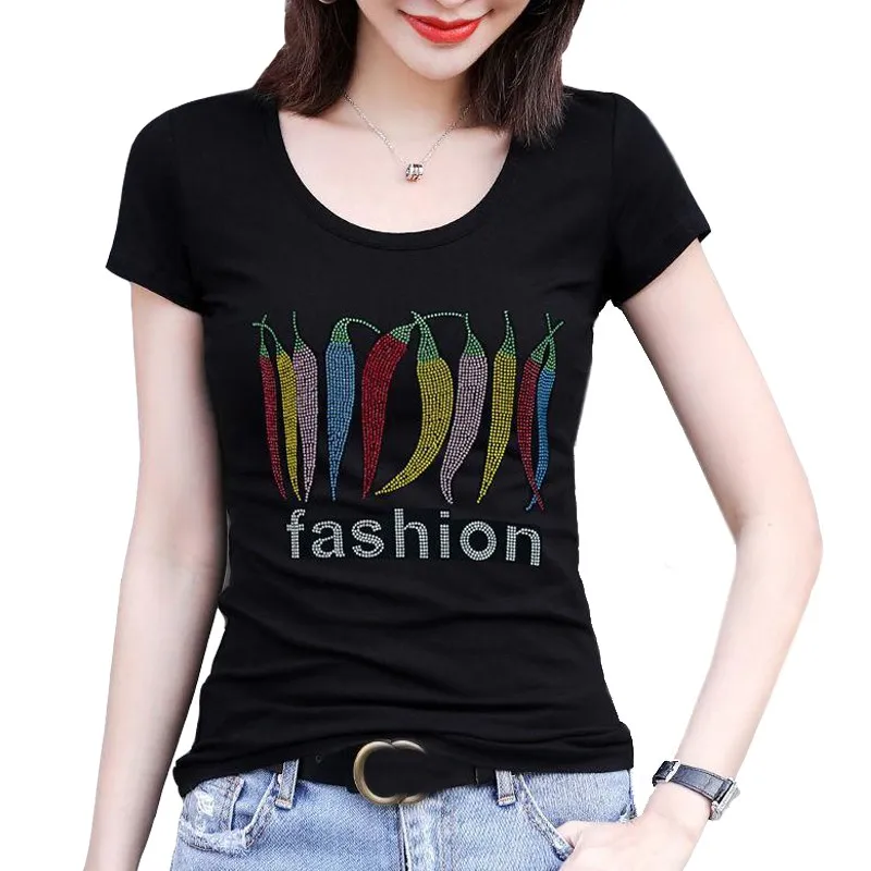 Fashion Hot Diamond Chili Tees Slim Short Sleeve T Shirt Women's Young Summer Cotton Mother Small Tops Lady
Fashion Hot Diamond Chili Tees Slim Short Sleeve T Shirt Women's Young Summer Cotton Mother Small Tops Lady