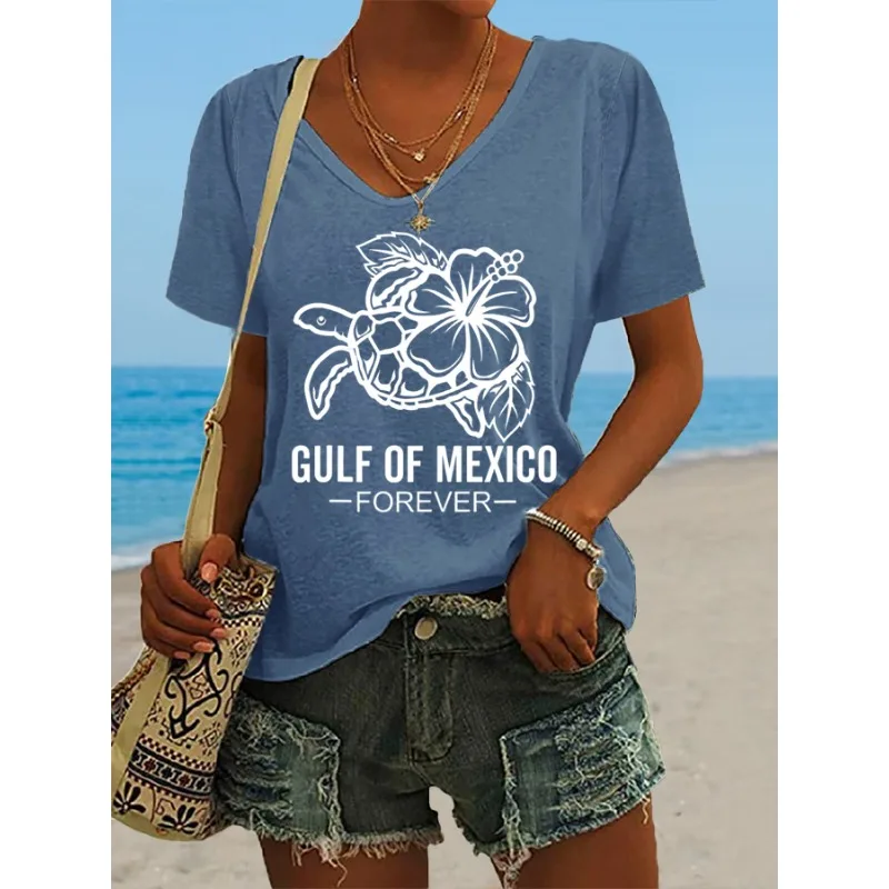 Ladies Short Sleeved T-Shirts Casual V Neck Summer Tops Gulf Of Mexico Day Printed T Shirt
Ladies Short Sleeved T-Shirts Casual V Neck Summer Tops Gulf Of Mexico Day Printed T Shirt