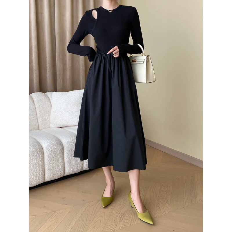 Women Autumn French Elegant Knit Patchwork Black Dress Korea Long Sleeve Hollow Slim Elastic Bottoming Basic Dress Mujer 1609
Women Autumn French Elegant Knit Patchwork Black Dress Korea Long Sleeve Hollow Slim Elastic Bottoming Basic Dress Mujer 1609