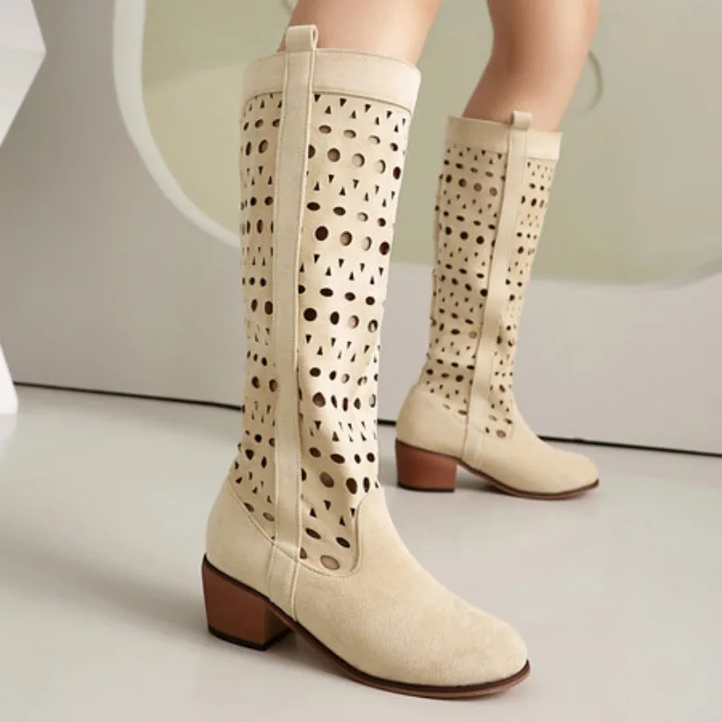 Summer Women Mid-Calf Boots Heels Hollow Cowboy Western Boots for Women Spring Autumn Fashion Faux Suede Botas Mujer Beige Pink
Summer Women Mid-Calf Boots Heels Hollow Cowboy Western Boots for Women Spring Autumn Fashion Faux Suede Botas Mujer Beige Pink