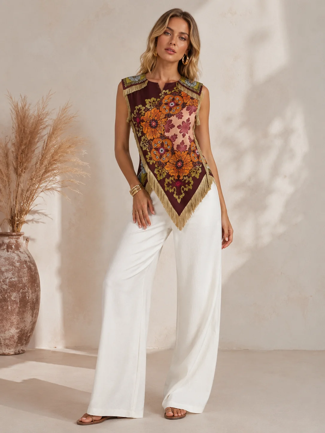 Vintage Ethnic Floral Print Sleeveless Blouse Women Sexy Split V Neck Fringe Tassel Top Bohemian Asymmetrical Handkerchief
Vintage Ethnic Floral Print Sleeveless Blouse Women Sexy Split V Neck Fringe Tassel Top Bohemian Asymmetrical Handkerchief