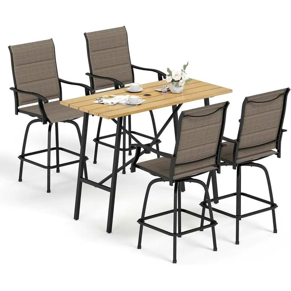 5-Piece High Back Swivel Bar Set with Quick-Dry Textilene and Wood-Like Patio Table
5-Piece High Back Swivel Bar Set with Quick-Dry Textilene and Wood-Like Patio Table