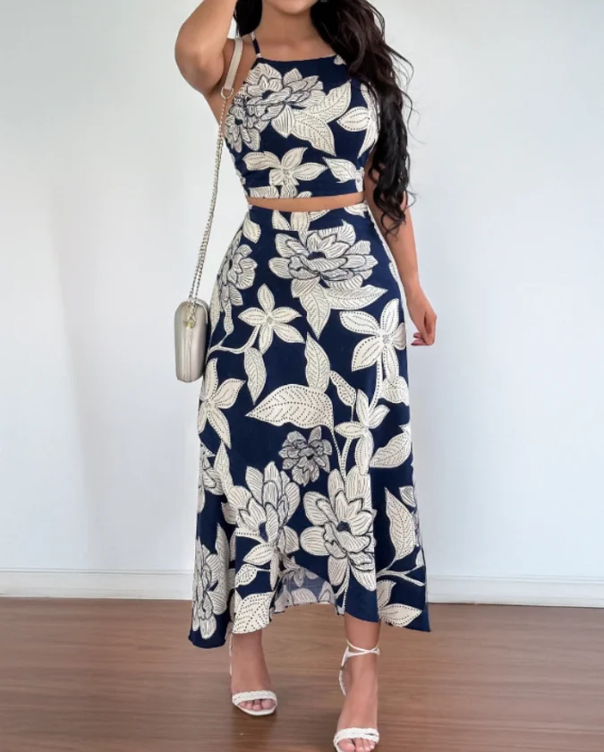 2 Pieces Outfit Floral Print Halter Spaghetti Strap Top Floral Print Lace-up Backless Dress
2 Pieces Outfit Floral Print Halter Spaghetti Strap Top Floral Print Lace-up Backless Dress