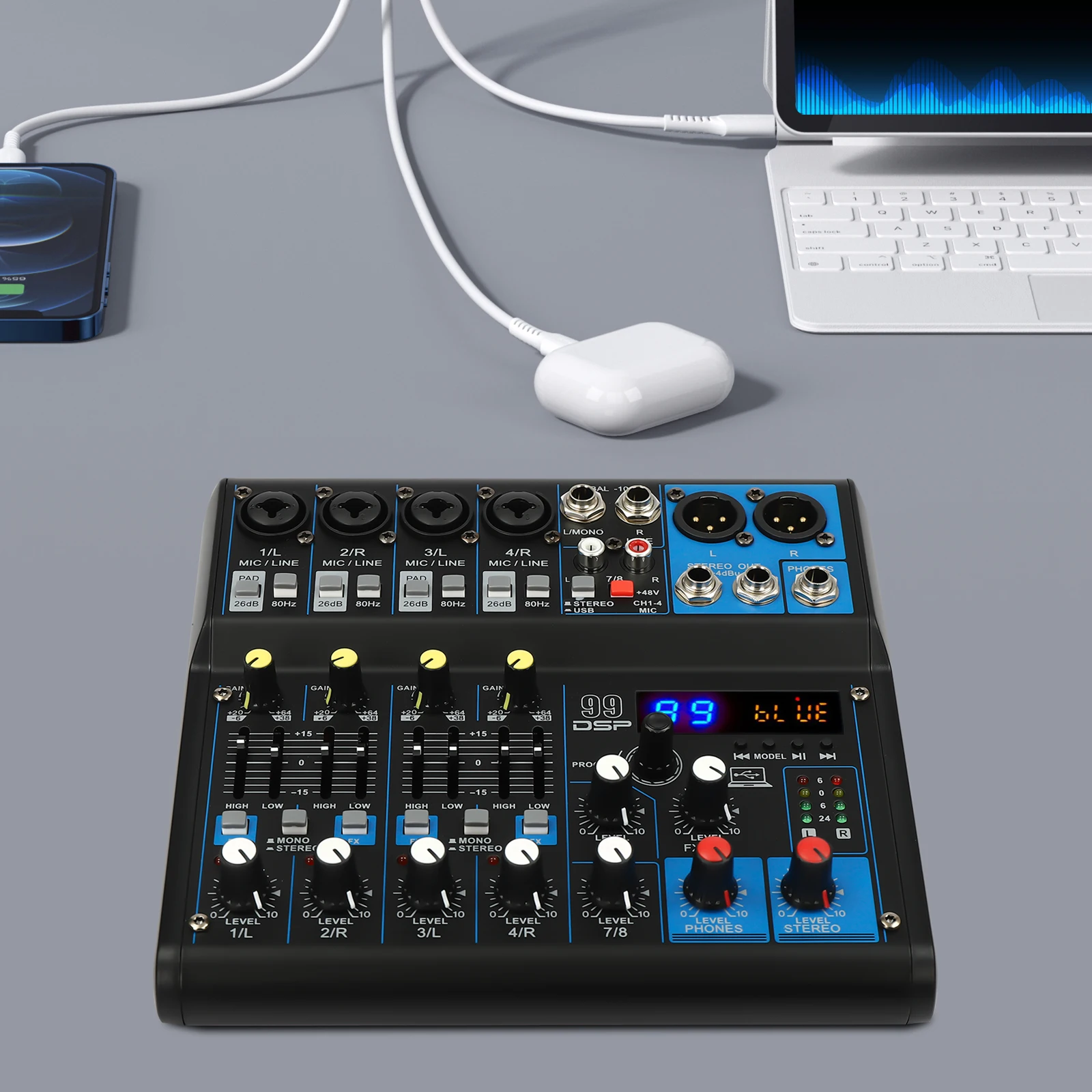 8-Channel Audio Mixer with Bluetooth & USB, 99 DSP Effects, 48V Phantom Power Compact DJ/PA/KTV Sound Board for Live Performance
8-Channel Audio Mixer with Bluetooth & USB, 99 DSP Effects, 48V Phantom Power Compact DJ/PA/KTV Sound Board for Live Performance