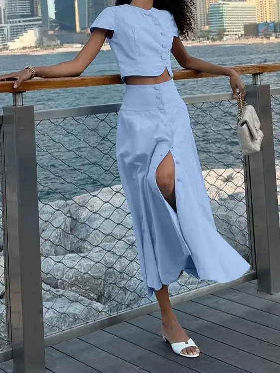 Elegant Cotton High Waist Midi Skirt Set Women's round Neck Short Sleeve Commute Fashion Two Piece Set Autumn Season China Or...
Elegant Cotton High Waist Midi Skirt Set Women's round Neck Short Sleeve Commute Fashion Two Piece Set Autumn Season China Or...