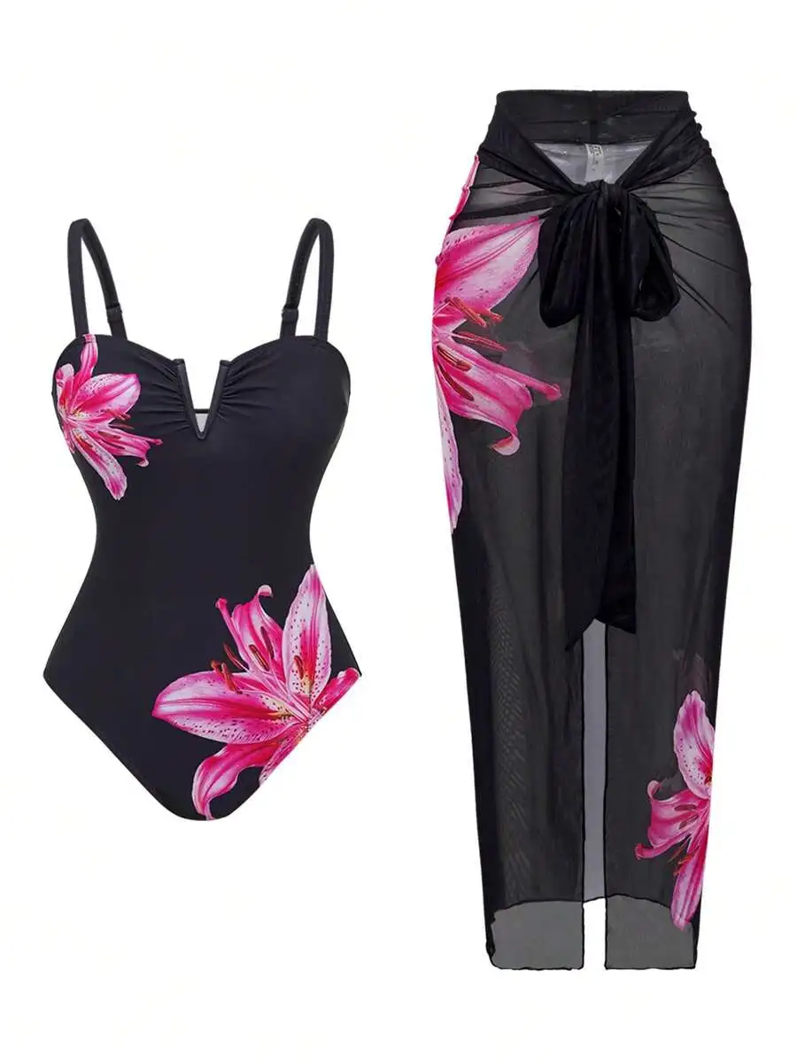 Black Floral Print One-Piece Swimsuit With Sheer Cover-Up Skirt For Beach Vacation
Black Floral Print One-Piece Swimsuit With Sheer Cover-Up Skirt For Beach Vacation