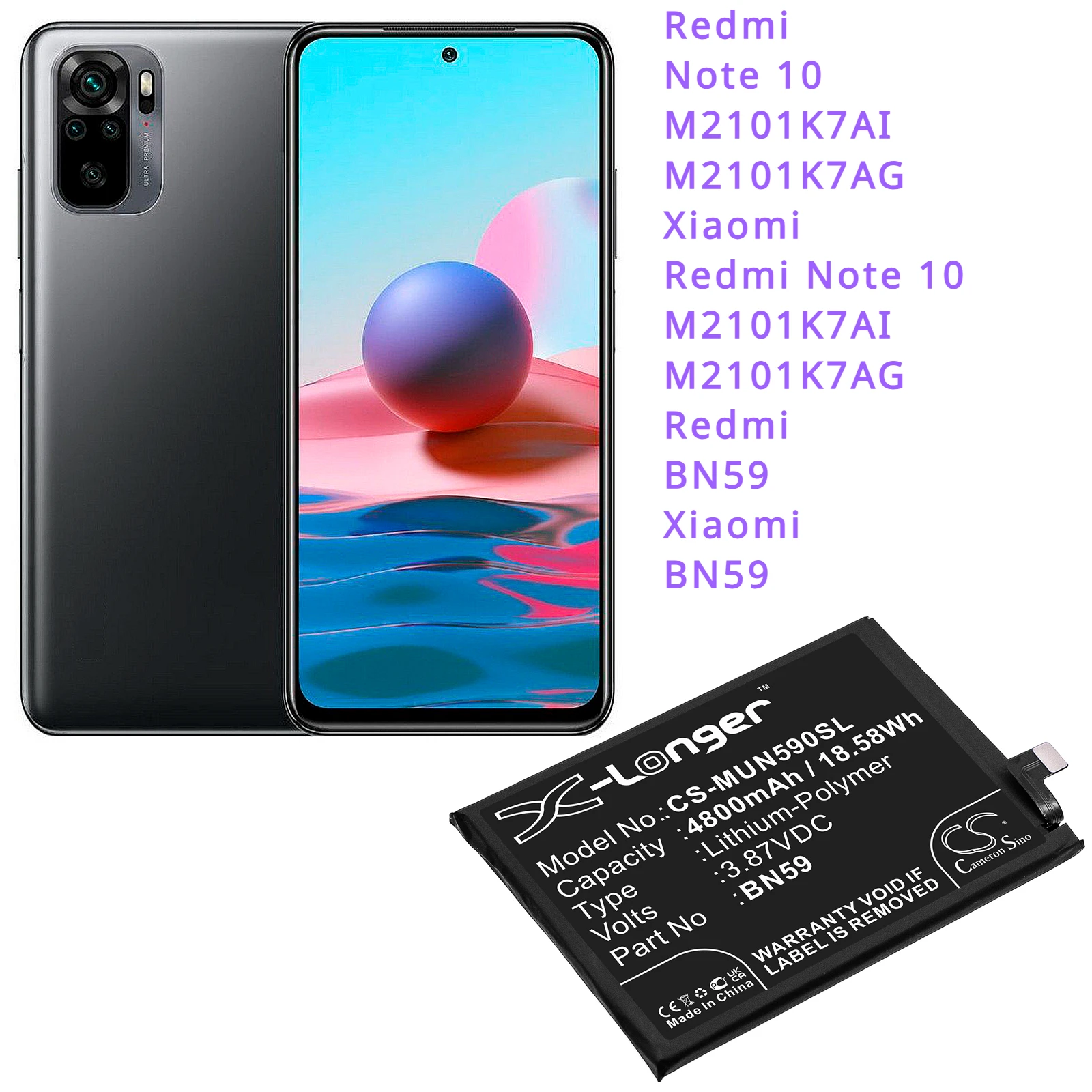 Запасной аккумулятор Cameron Sino 4800 мАч, аккумулятор для смартфона BN59 для Xiaomi Redmi Note 10, M2101K7AI, M2101K7AG + инструменты и подарок
Запасной аккумулятор Cameron Sino 4800 мАч, аккумулятор для смартфона BN59 для Xiaomi Redmi Note 10, M2101K7AI, M2101K7AG + инструменты и подарок