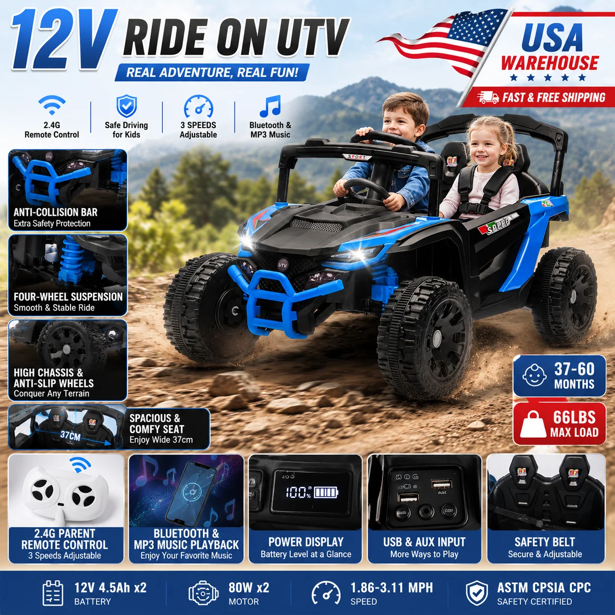 12V Kids Ride On UTV Car with Parent Remote Control 2 Seater Electric Off Road Ride on Toys Bluetooth Music LED Lights US Stock
12V Kids Ride On UTV Car with Parent Remote Control 2 Seater Electric Off Road Ride on Toys Bluetooth Music LED Lights US Stock