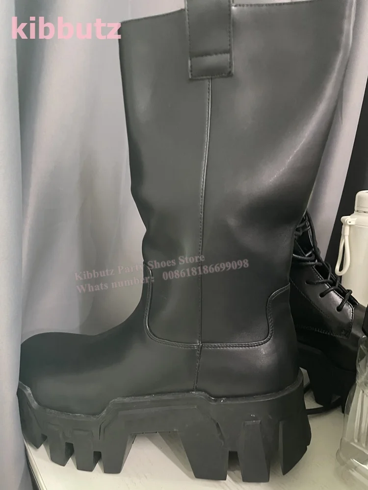 Thick Sole Mid Calf Boots Height Increasing Round Toe Leather Solid Black Slip-On Fashion Concise Luxury Elegant Women Shoes New
Thick Sole Mid Calf Boots Height Increasing Round Toe Leather Solid Black Slip-On Fashion Concise Luxury Elegant Women Shoes New