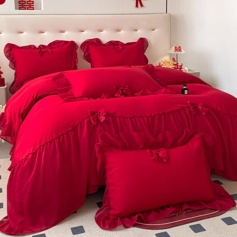 Red Princess Wedding Bedding Sets King Queen Size Polyester/Cotton Bow Ruffle Duvet Cover Bed Sheet Pillowcases Mattress Cover
Red Princess Wedding Bedding Sets King Queen Size Polyester/Cotton Bow Ruffle Duvet Cover Bed Sheet Pillowcases Mattress Cover