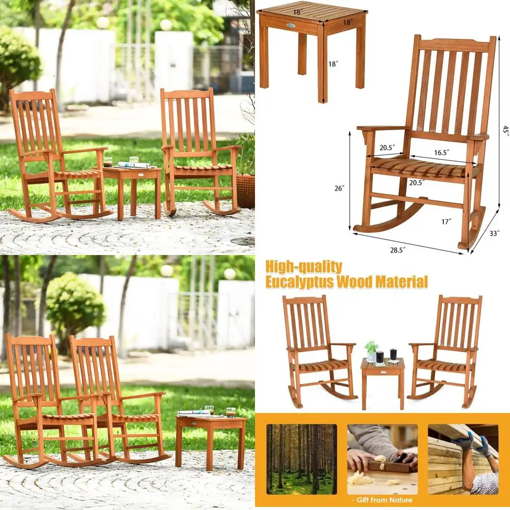 Outdoor Eucalyptus Wood Patio Rocking Chair Set with Two Rockers and a Coffee Table
Outdoor Eucalyptus Wood Patio Rocking Chair Set with Two Rockers and a Coffee Table