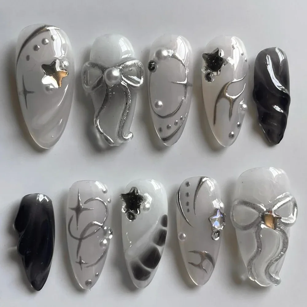Silver Pure Handmade Almonds Press On Nails Art Black Transparent Gray Portable Bow Simple Fake Nail Party Sticker Birthday Gift
Silver Pure Handmade Almonds Press On Nails Art Black Transparent Gray Portable Bow Simple Fake Nail Party Sticker Birthday Gift