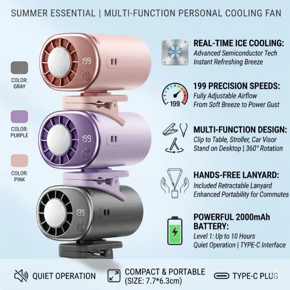 Portable Mini Fan Semiconductor Cooling 199 Speeds 2000mAh Clip Neck Handheld Desk Stroller Fan Summer
Portable Mini Fan Semiconductor Cooling 199 Speeds 2000mAh Clip Neck Handheld Desk Stroller Fan Summer