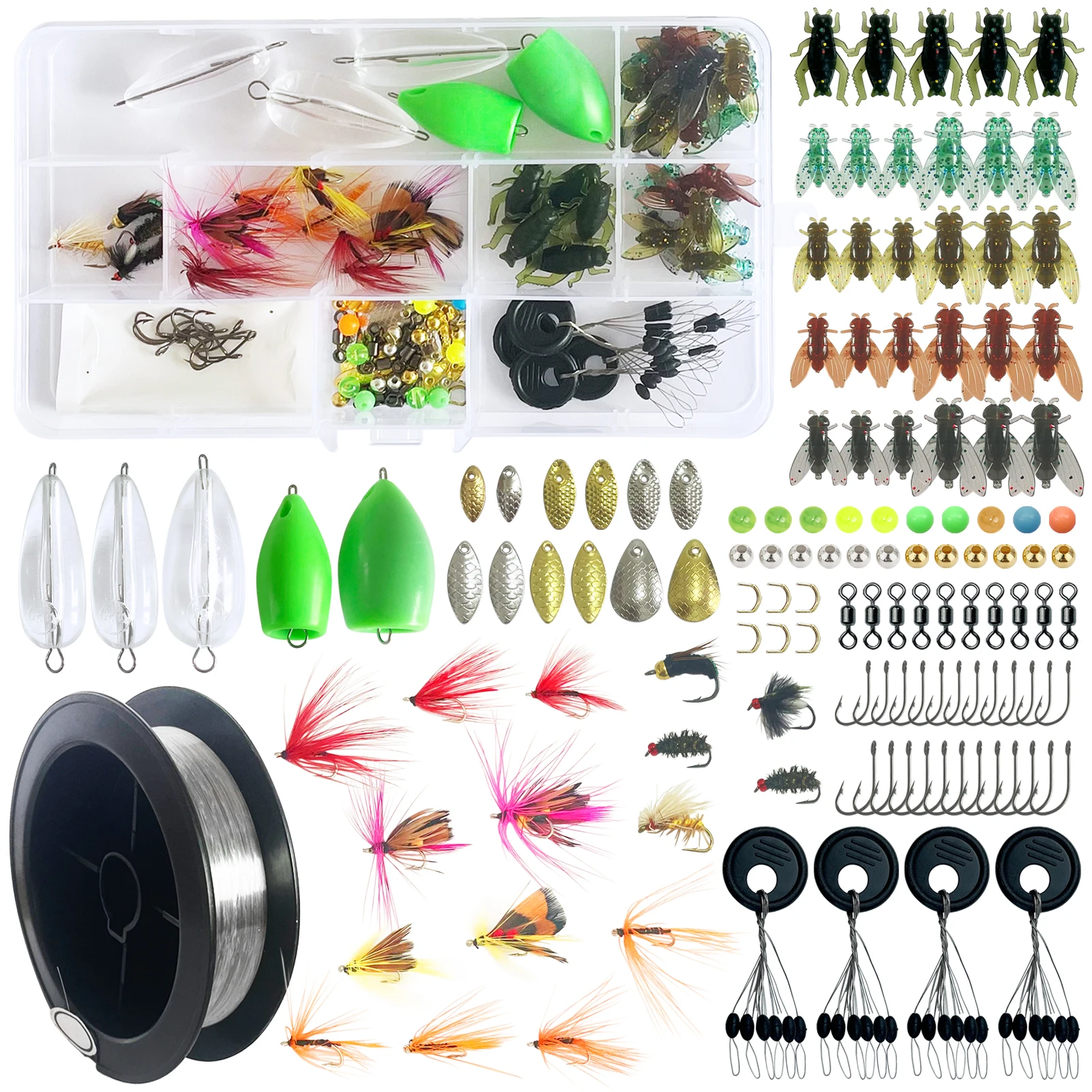 130pcs Fly Fishing Kit Bionic Fishing Fly Baits Throwing Aids with Flies Swivels Hooks Space Beans Metal Sequins for Freshwater
130pcs Fly Fishing Kit Bionic Fishing Fly Baits Throwing Aids with Flies Swivels Hooks Space Beans Metal Sequins for Freshwater