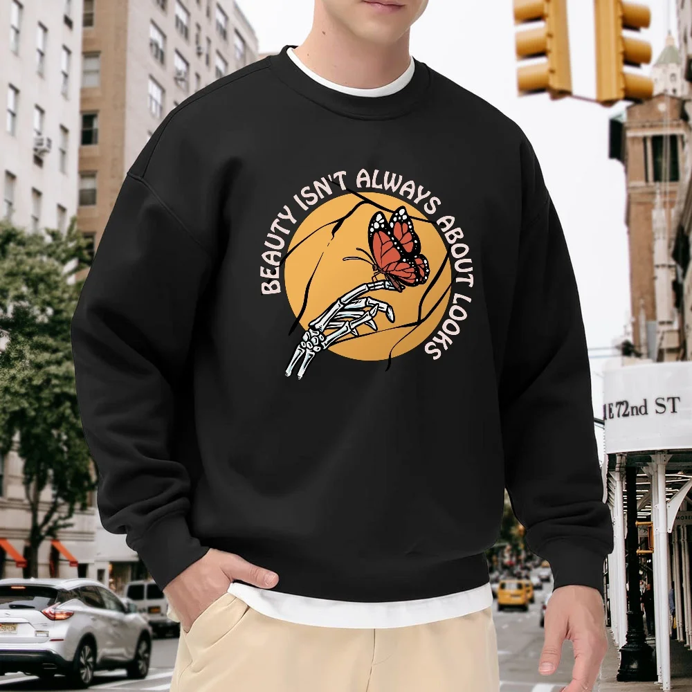 Men's Black Crew Neck Loose Sweatshirt with Skull and Butterfly Letter Print, Street Fashion Casual Versatile Top, Comfortable for Everyday Wear
Men's Black Crew Neck Loose Sweatshirt with Skull and Butterfly Letter Print, Street Fashion Casual Versatile Top, Comfortable for Everyday Wear