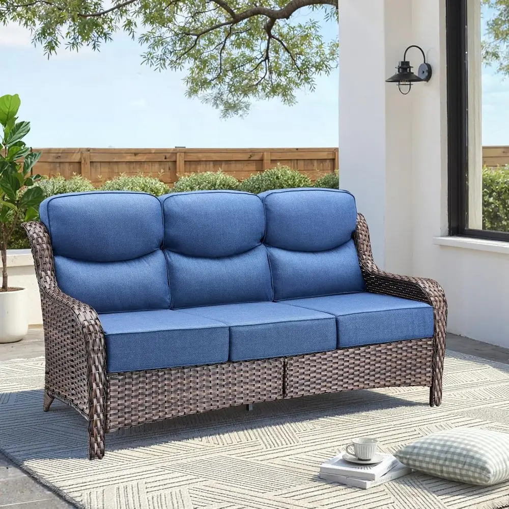 Elegant Wicker 3-Seat Patio Sofa with Cushions, Weather-Resistant Outdoor Furniture Set for Backyard or Garden (Brown/Blue)
Elegant Wicker 3-Seat Patio Sofa with Cushions, Weather-Resistant Outdoor Furniture Set for Backyard or Garden (Brown/Blue)