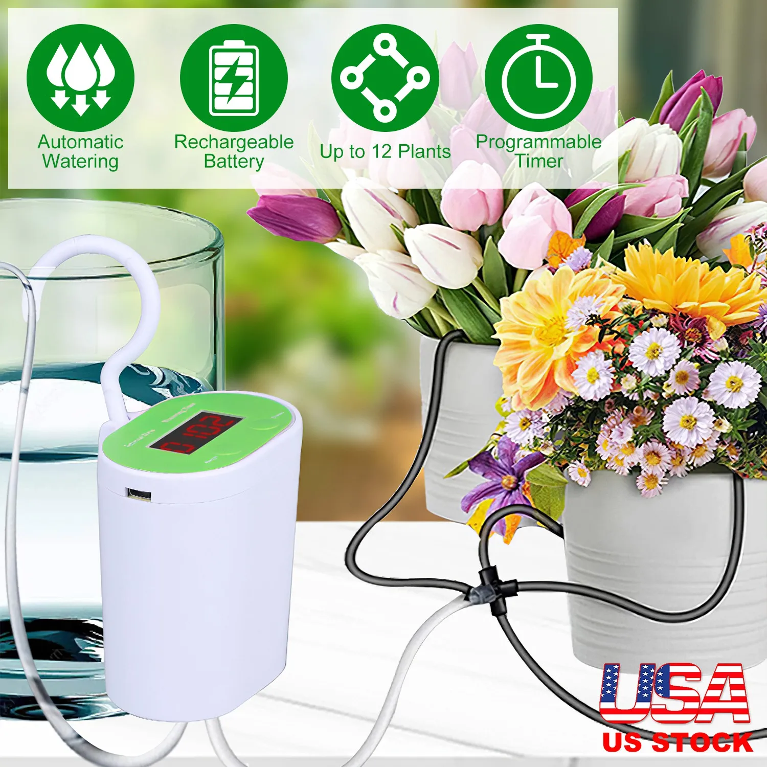 Automatic Drip Irrigation Kit with Timer Pump Indoor Plant Self Watering System for 12 Potted Plants USB Rechargeable Automatic Watering Device Vacation Plant Waterer US Local Warehouse Fast Delivery
Automatic Drip Irrigation Kit with Timer Pump Indoor Plant Self Watering System for 12 Potted Plants USB Rechargeable Automatic Watering Device Vacation Plant Waterer US Local Warehouse Fast Delivery
