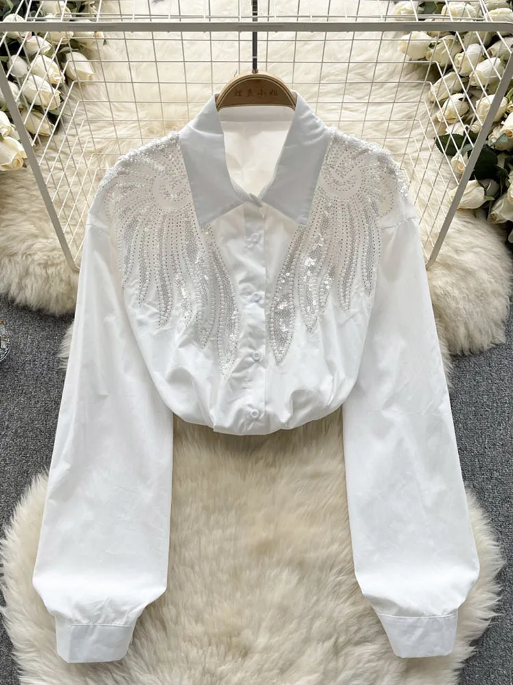 Woman Blouses Sequined Beading Turn-down Collar Lapel Single Shirts Autumn Casual Female Blusa
Woman Blouses Sequined Beading Turn-down Collar Lapel Single Shirts Autumn Casual Female Blusa