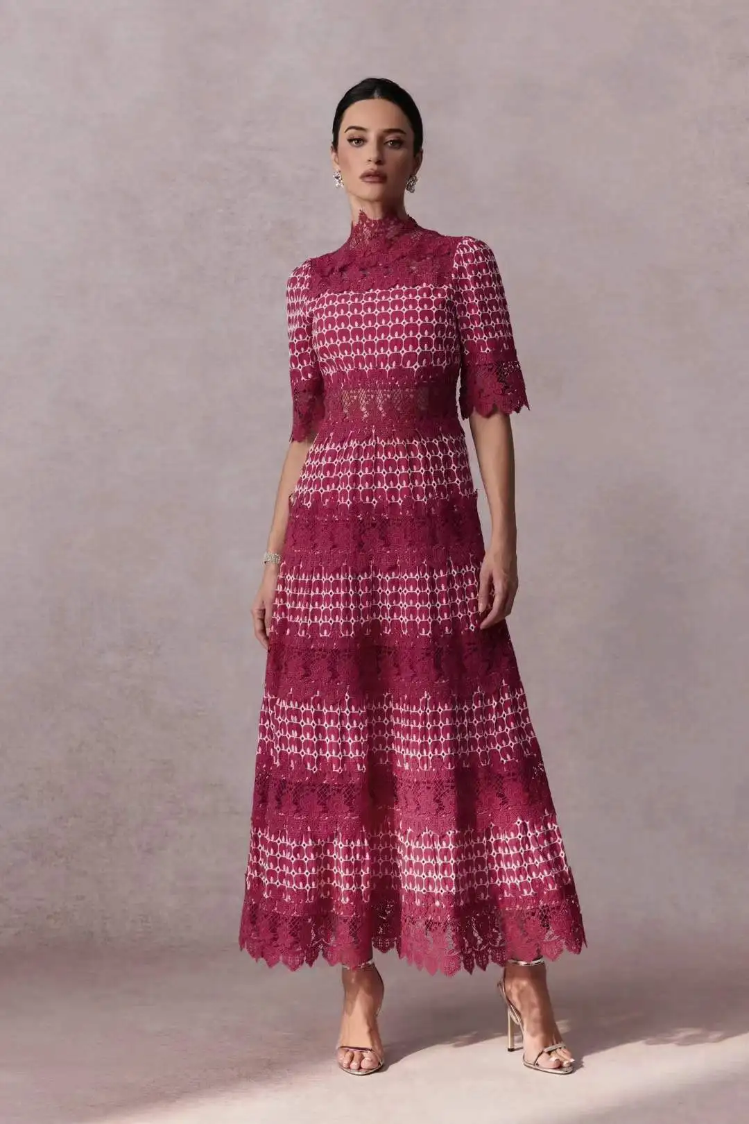 Elegant Magenta Lace High Neck Dress Ladies Half Sleeve Tiered Formal Cocktail Party Dress
Elegant Magenta Lace High Neck Dress Ladies Half Sleeve Tiered Formal Cocktail Party Dress