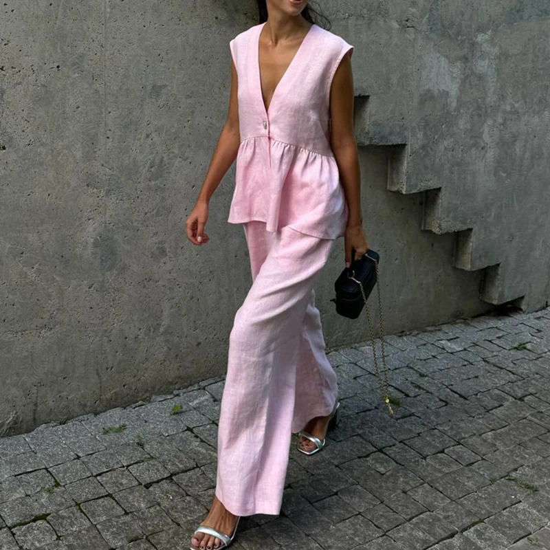 Pink Sleeveless V Neck Vest Tops Match Wide Leg Pants Suit New Solid Color Temperament Commute 2pc Sets Elegant Lady Casual Sets
Pink Sleeveless V Neck Vest Tops Match Wide Leg Pants Suit New Solid Color Temperament Commute 2pc Sets Elegant Lady Casual Sets