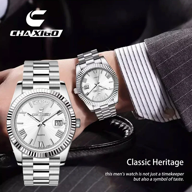 CHAXIGO 044 Fashion Trendy Watches for Men Solid Steel Belt Large Dial Quartz Calendar Men's Watch Relojes Para Hombres Relógio 
CHAXIGO 044 Fashion Trendy Watches for Men Solid Steel Belt Large Dial Quartz Calendar Men's Watch Relojes Para Hombres Relógio