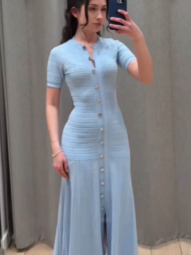 Women's Elegant Knit Bodycon Dress Short Sleeve Button Down Maxi Dress Hollow Out Knitted A-line Casual Long Party Dresses
Women's Elegant Knit Bodycon Dress Short Sleeve Button Down Maxi Dress Hollow Out Knitted A-line Casual Long Party Dresses