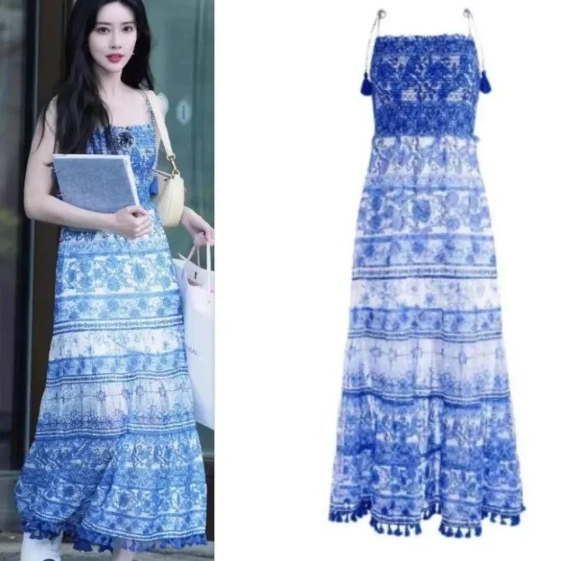 Mengziyi Celebrity Same Style Vintage Blue Floral Print Long Dress Summer Slim Fringe Strap Dress
Mengziyi Celebrity Same Style Vintage Blue Floral Print Long Dress Summer Slim Fringe Strap Dress