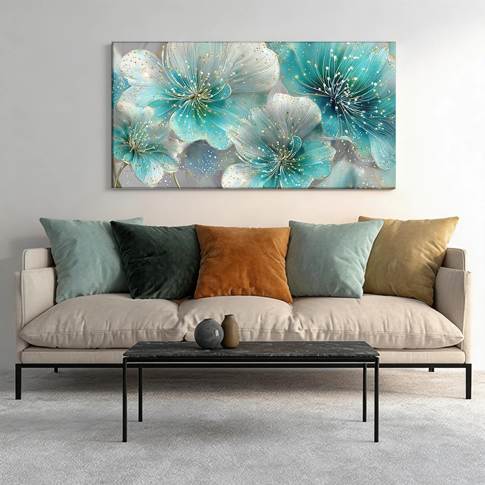 Large-sized solid wood frame canvas painting 1pc Turquoise flowers, golden accents.
Large-sized solid wood frame canvas painting 1pc Turquoise flowers, golden accents.