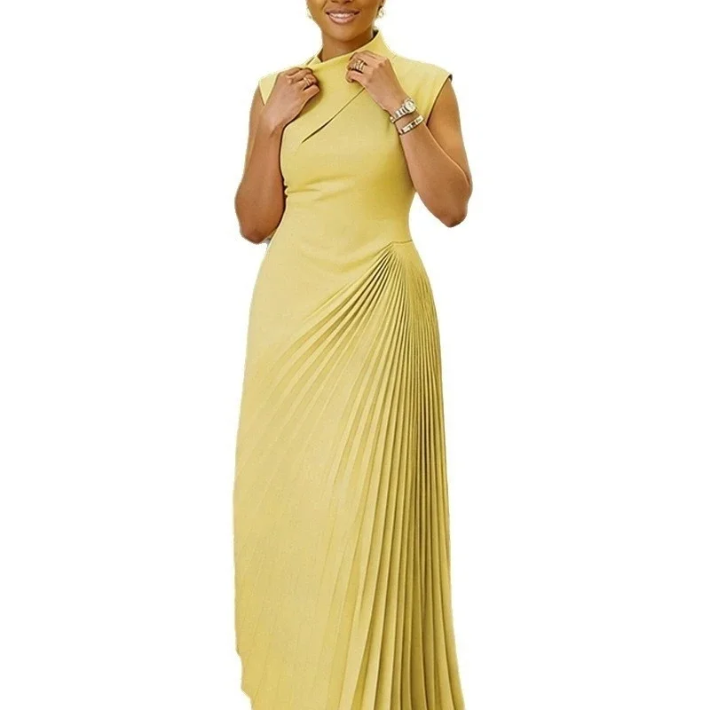 2026 Spring Summer Solid Yellow Sleeveless Stand Collar Pleated Elegant Maxi Dress Slim Fit For Wedding Guest Office Party
2026 Spring Summer Solid Yellow Sleeveless Stand Collar Pleated Elegant Maxi Dress Slim Fit For Wedding Guest Office Party