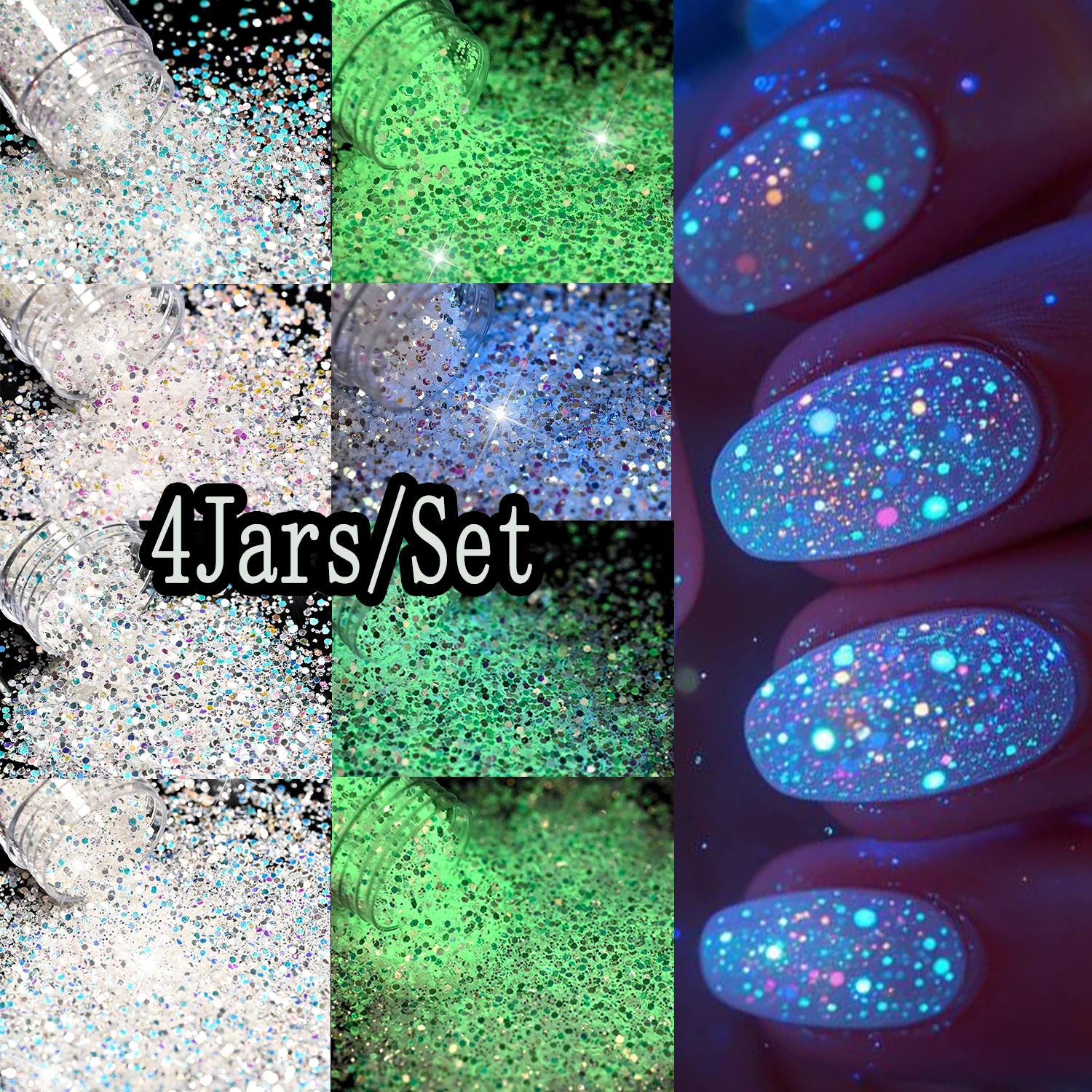 4Jars/Set White Iridescent Luminous Nail Art Flakes Mixed Chunky Hexagon Holographic Glow In Dark Nail Glitter Sequins Nail Supp
4Jars/Set White Iridescent Luminous Nail Art Flakes Mixed Chunky Hexagon Holographic Glow In Dark Nail Glitter Sequins Nail Supp