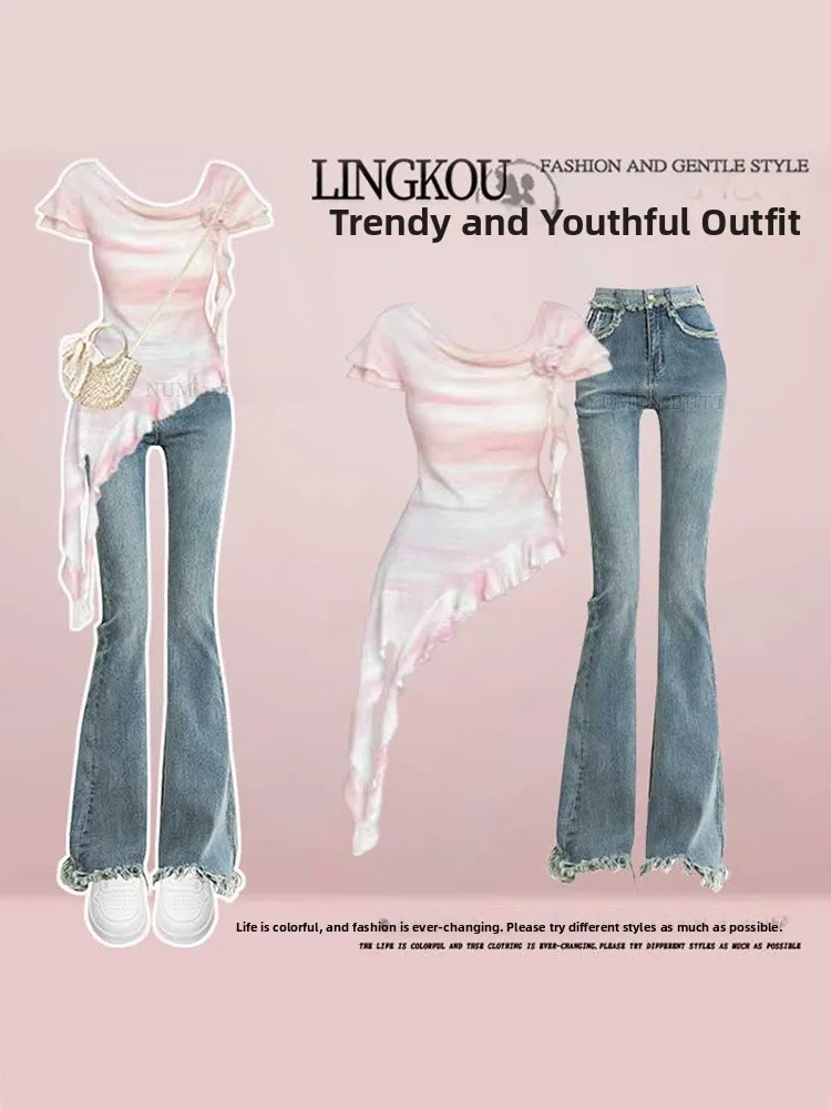 Fashionable Large Size Women's Summer Outfit Casual Gradient Coloring Top with Korean Style Loose Jeans Two Piece Set
Fashionable Large Size Women's Summer Outfit Casual Gradient Coloring Top with Korean Style Loose Jeans Two Piece Set