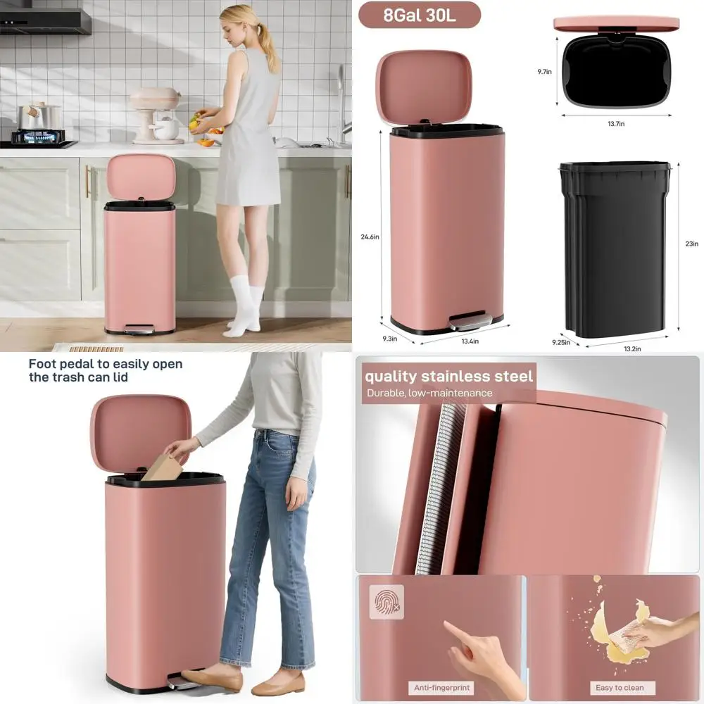 30L Pink Stainless Steel Step Trash Can with Removable Inner Bucket for Kitchen and Home Use
30L Pink Stainless Steel Step Trash Can with Removable Inner Bucket for Kitchen and Home Use