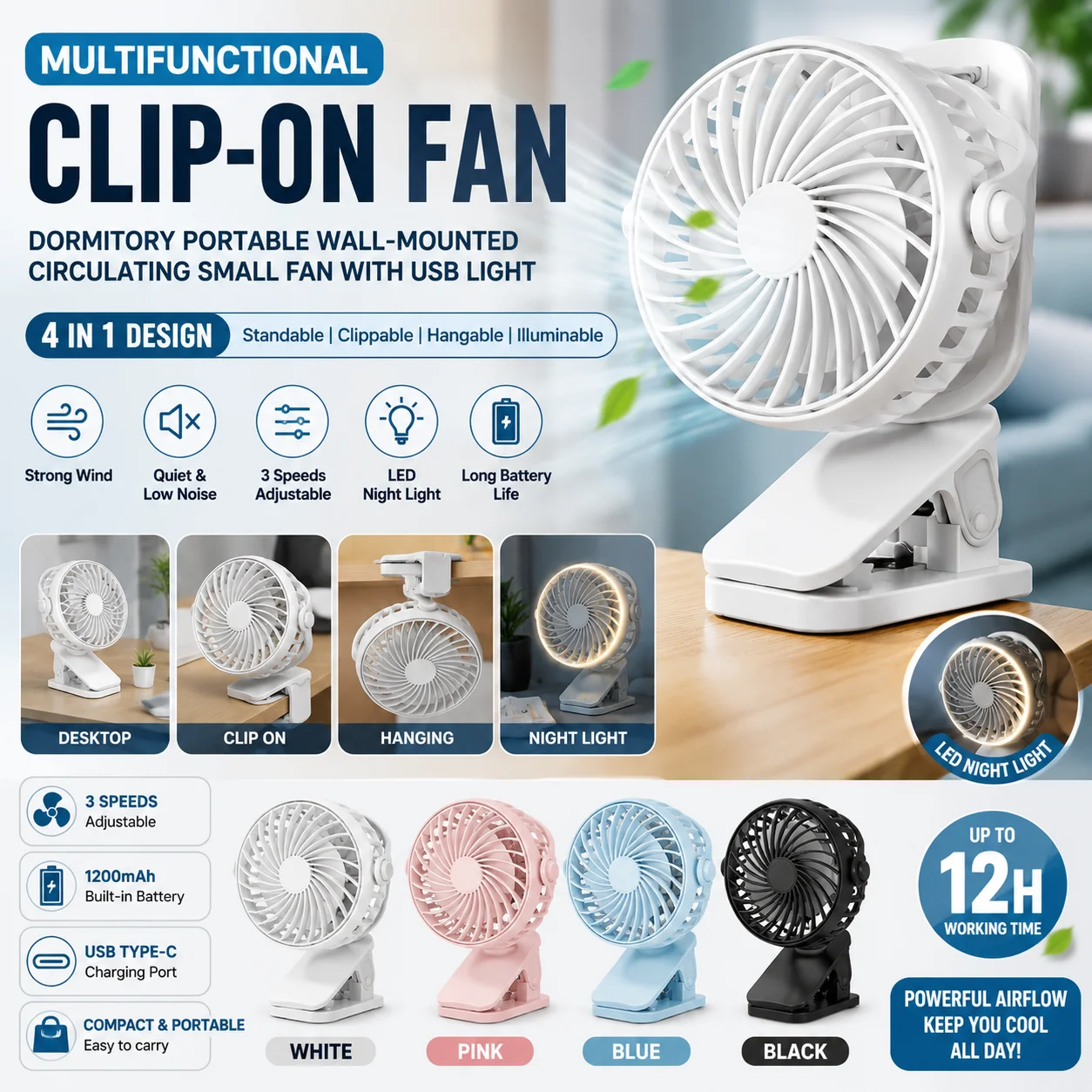 Portable Mini Clip Fan USB Rechargeable | Quiet Desk Fan with Night Light for Home Office Dorm
Portable Mini Clip Fan USB Rechargeable | Quiet Desk Fan with Night Light for Home Office Dorm